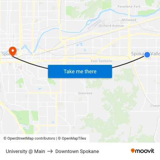 University @ Main to Downtown Spokane map