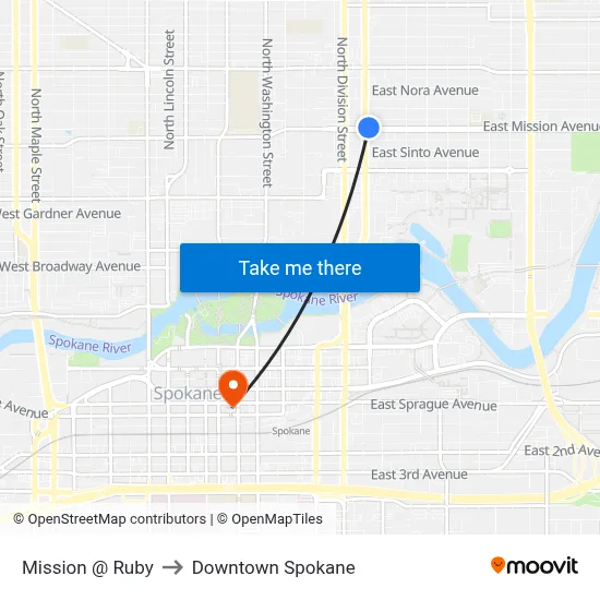 Mission @ Ruby to Downtown Spokane map
