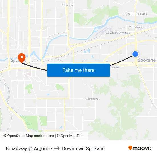 Broadway @ Argonne to Downtown Spokane map
