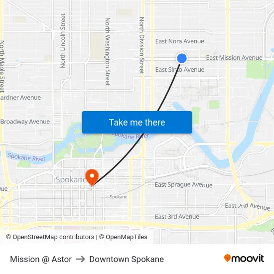 Mission @ Astor to Downtown Spokane map