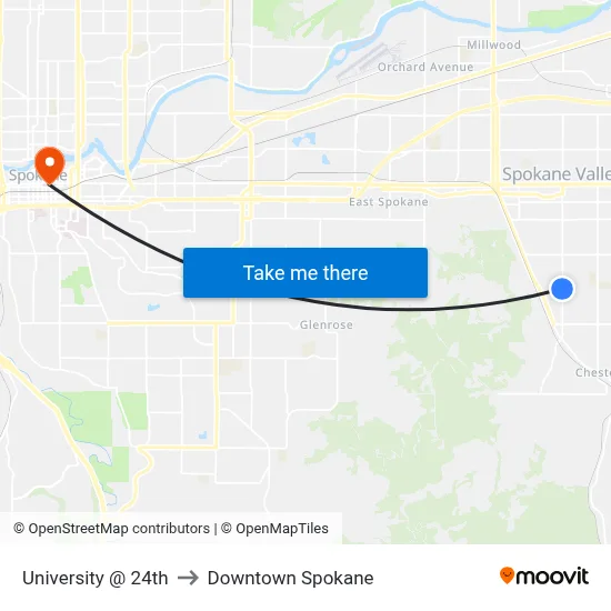 University @ 24th to Downtown Spokane map