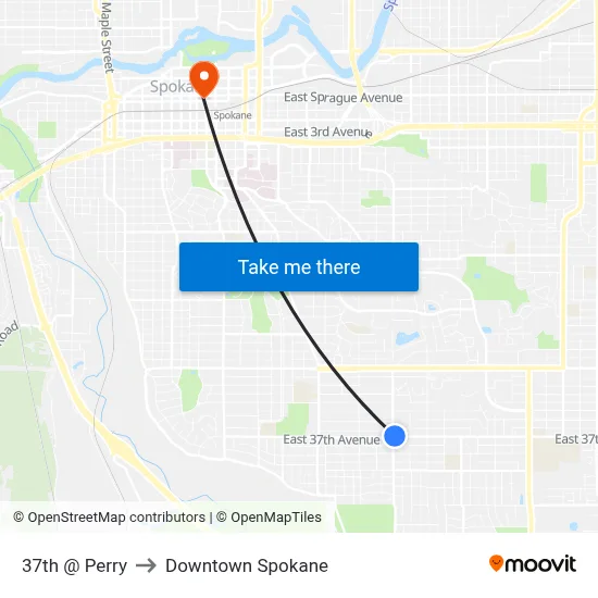 37th @ Perry to Downtown Spokane map
