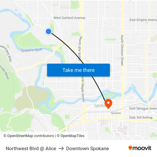Northwest Blvd @ Alice to Downtown Spokane map
