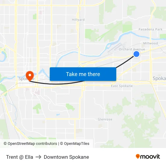Trent @ Ella to Downtown Spokane map