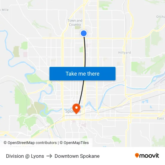 Division @ Lyons to Downtown Spokane map