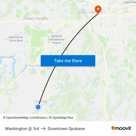 Washington @ 3rd to Downtown Spokane map