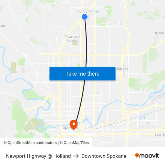 Newport Highway @ Holland to Downtown Spokane map