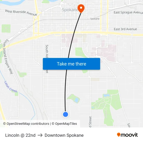 Lincoln @ 22nd to Downtown Spokane map