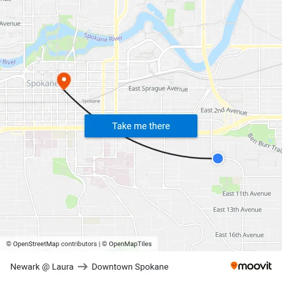 Newark @ Laura to Downtown Spokane map