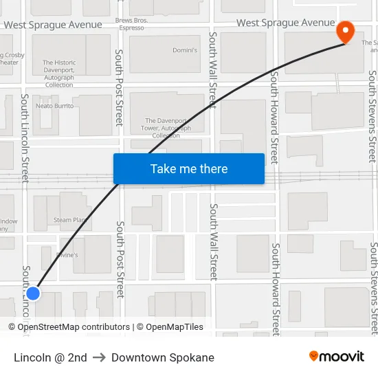 Lincoln @ 2nd to Downtown Spokane map