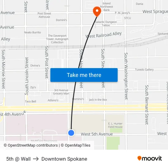 5th @ Wall to Downtown Spokane map