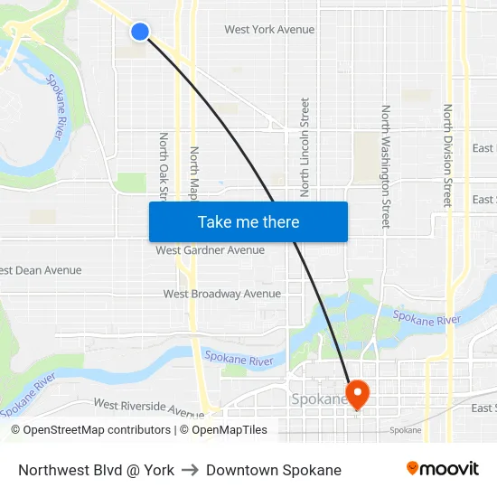 Northwest Blvd @ York to Downtown Spokane map