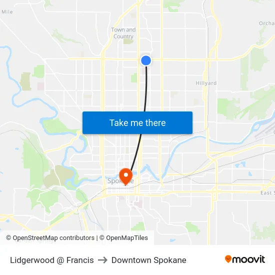 Lidgerwood @ Francis to Downtown Spokane map