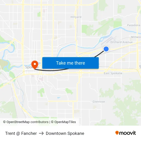 Trent @ Fancher to Downtown Spokane map