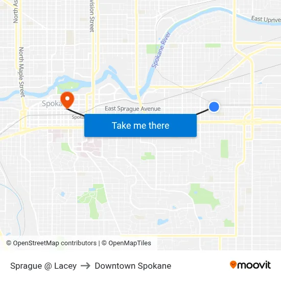 Sprague @ Lacey to Downtown Spokane map