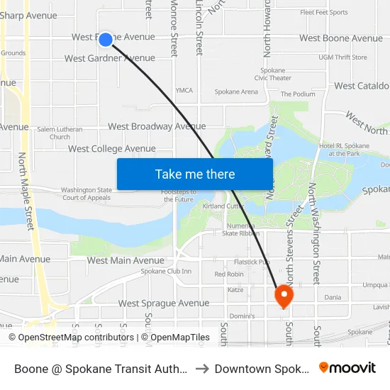 Boone @ Spokane Transit Authority to Downtown Spokane map