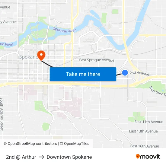 2nd @ Arthur to Downtown Spokane map