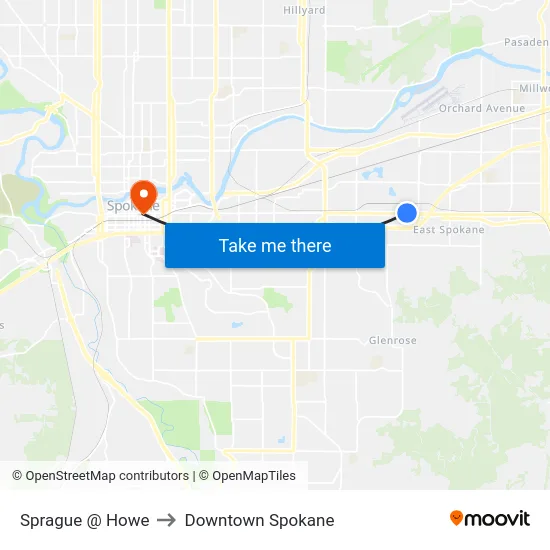 Sprague @ Howe to Downtown Spokane map