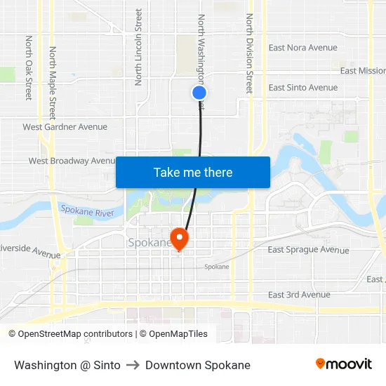 Washington @ Sinto to Downtown Spokane map