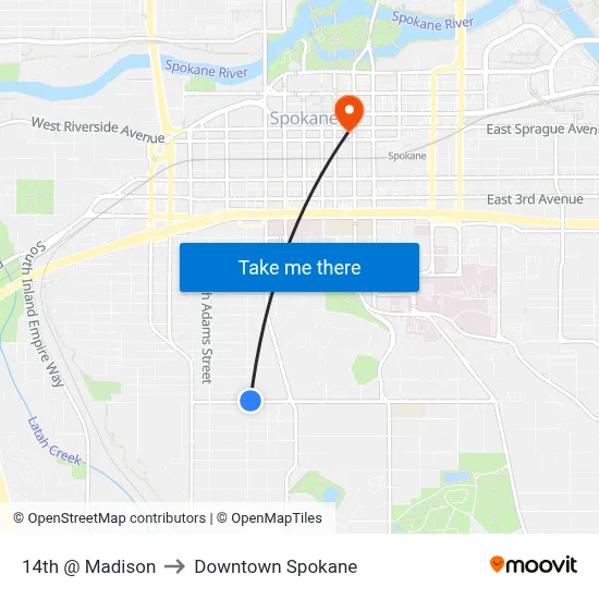 14th @ Madison to Downtown Spokane map