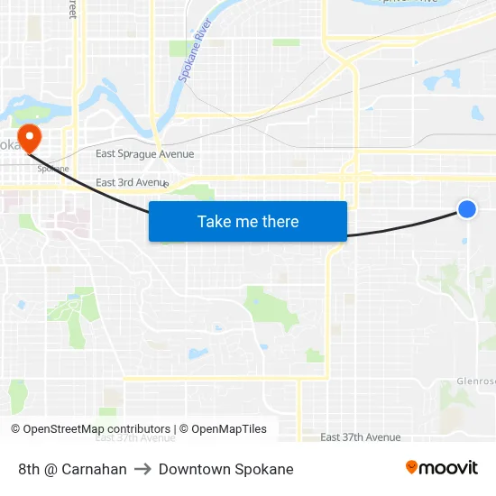 8th @ Carnahan to Downtown Spokane map
