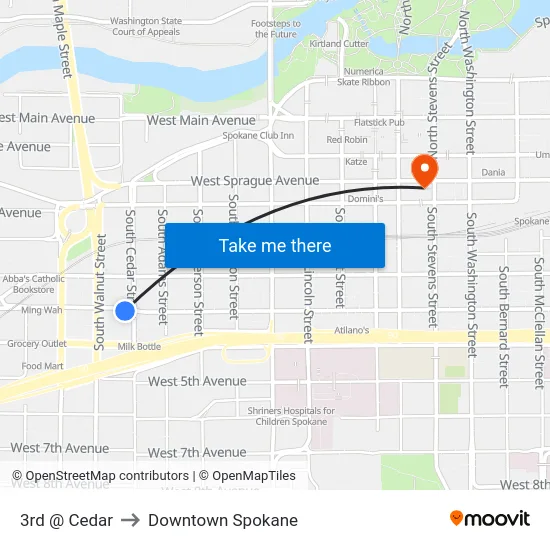 3rd @ Cedar to Downtown Spokane map