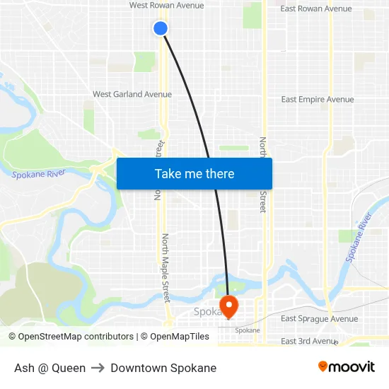 Ash @ Queen to Downtown Spokane map