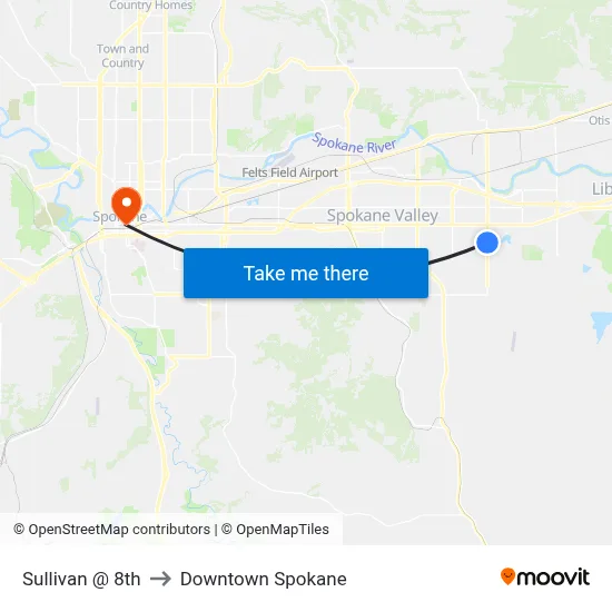 Sullivan @ 8th to Downtown Spokane map