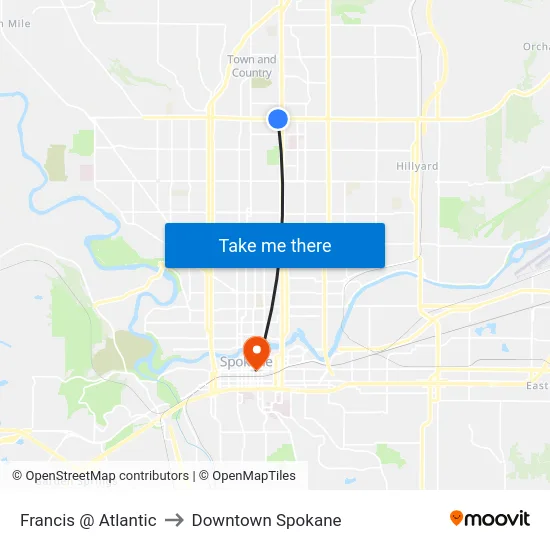 Francis @ Atlantic to Downtown Spokane map