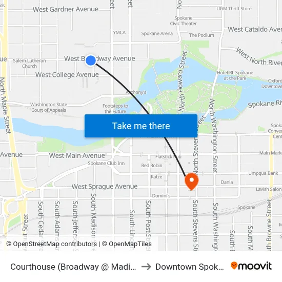 Courthouse (Broadway @ Madison) to Downtown Spokane map