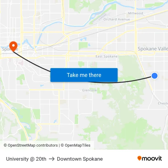 University @ 20th to Downtown Spokane map
