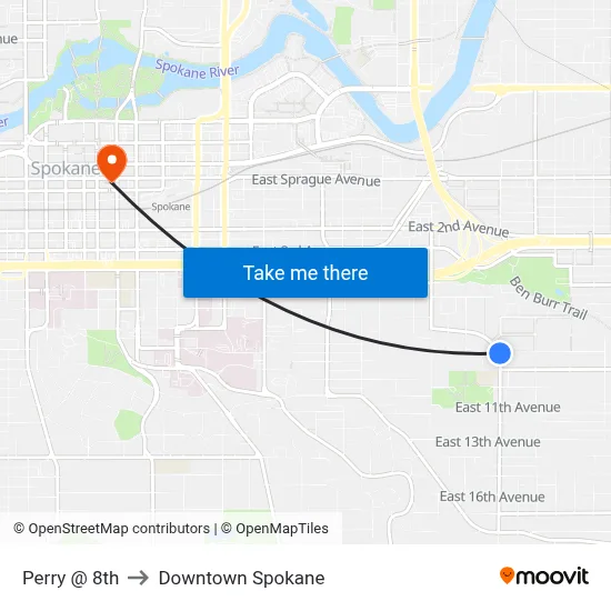 Perry @ 8th to Downtown Spokane map