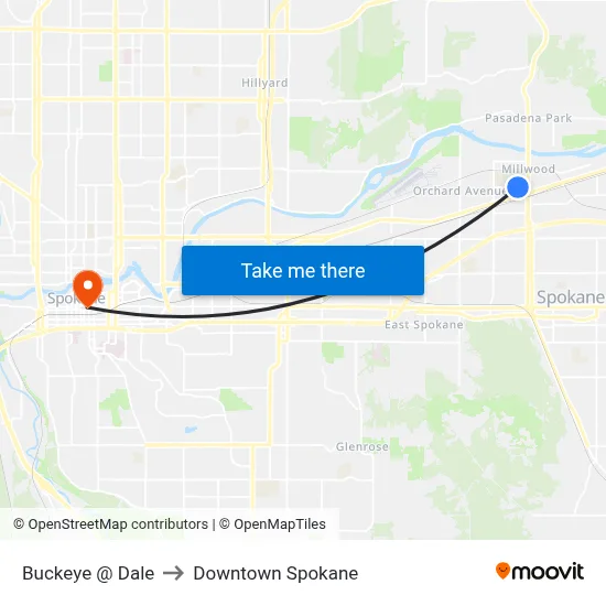 Buckeye @ Dale to Downtown Spokane map