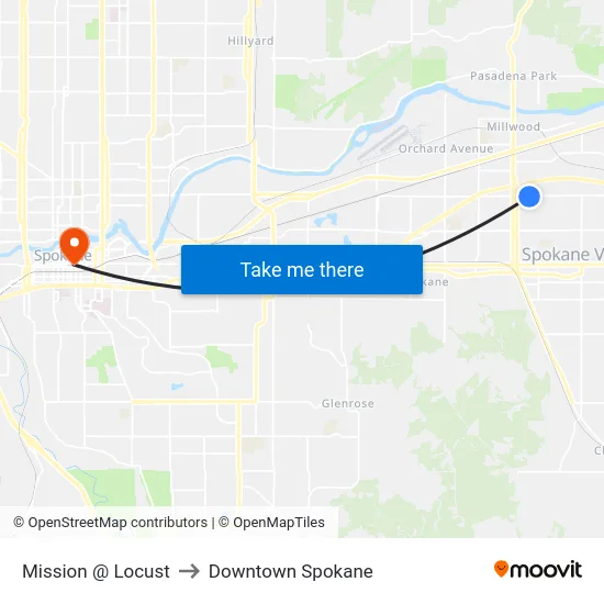 Mission @ Locust to Downtown Spokane map