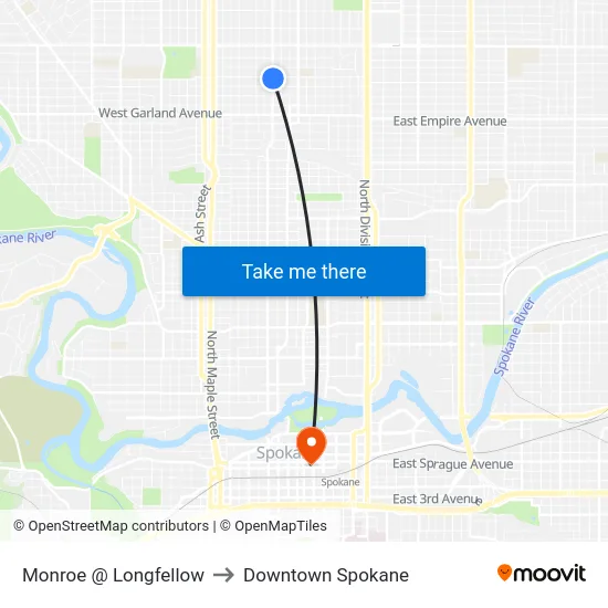 Monroe @ Longfellow to Downtown Spokane map