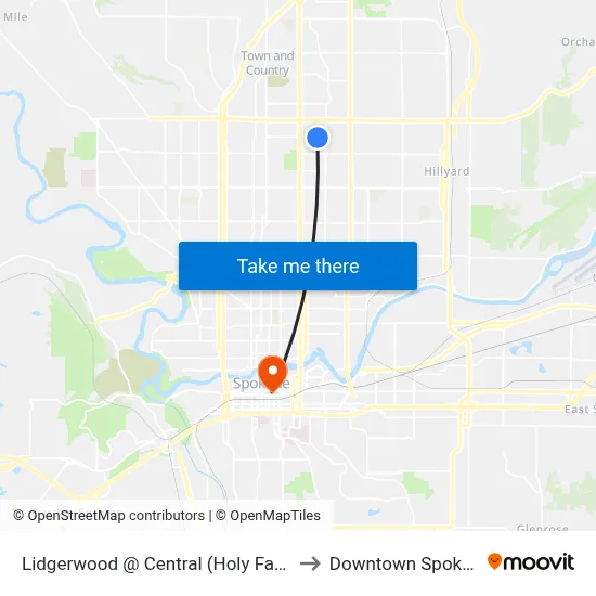 Lidgerwood @ Central (Holy Family) to Downtown Spokane map