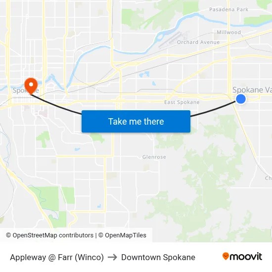 Appleway @ Farr (Winco) to Downtown Spokane map