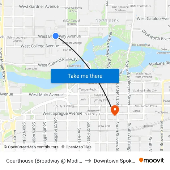 Courthouse (Broadway @ Madison) to Downtown Spokane map