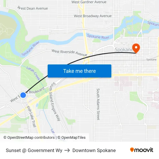 Sunset @ Government Wy to Downtown Spokane map