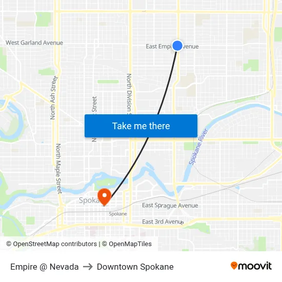 Empire @ Nevada to Downtown Spokane map