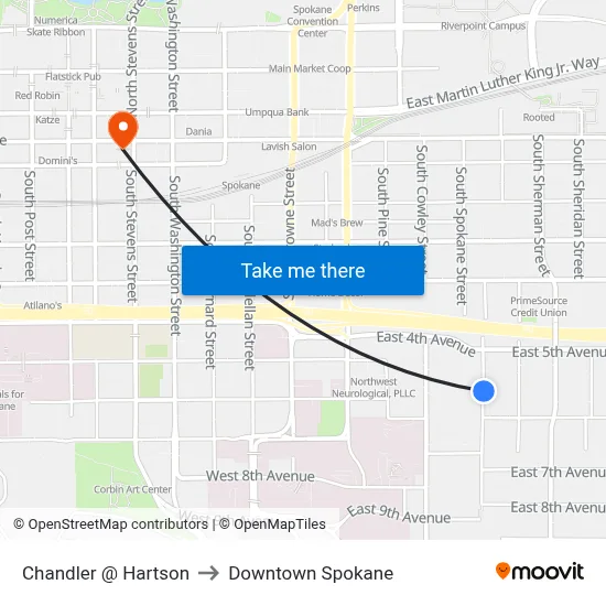 Chandler @ Hartson to Downtown Spokane map