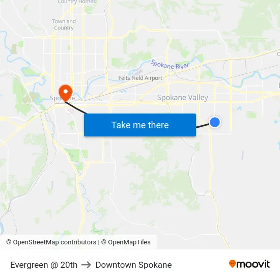 Evergreen @ 20th to Downtown Spokane map
