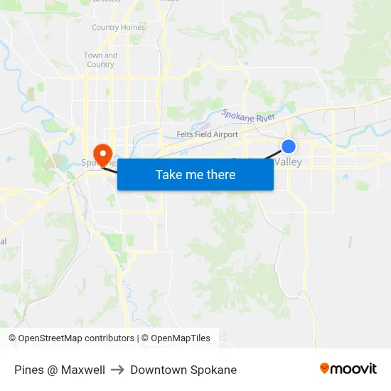 Pines @ Maxwell to Downtown Spokane map