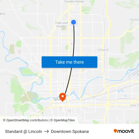 Standard @ Lincoln to Downtown Spokane map