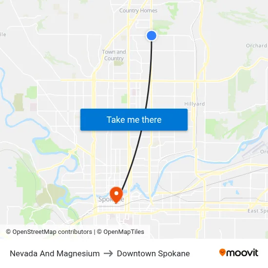 Nevada And Magnesium to Downtown Spokane map