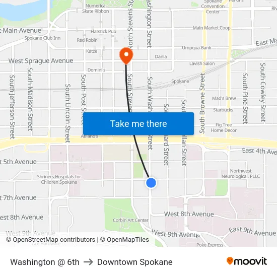 Washington @ 6th to Downtown Spokane map