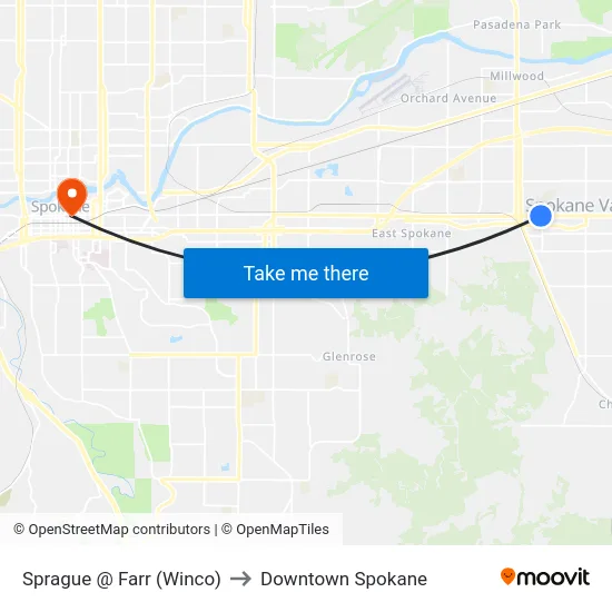 Sprague @ Farr (Winco) to Downtown Spokane map