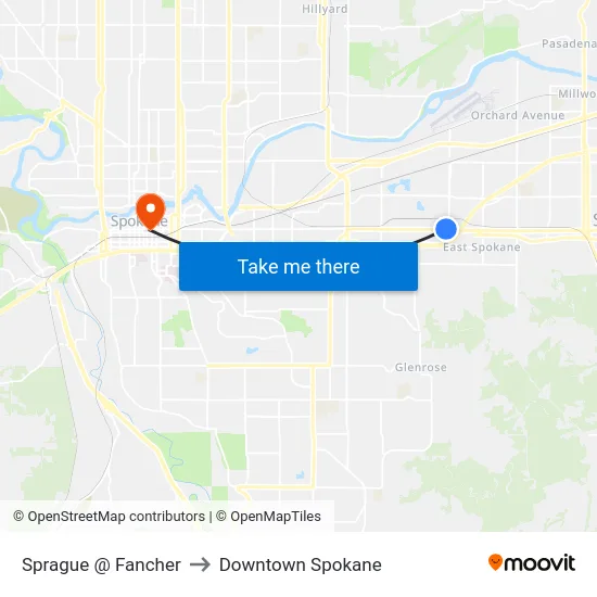 Sprague @ Fancher to Downtown Spokane map