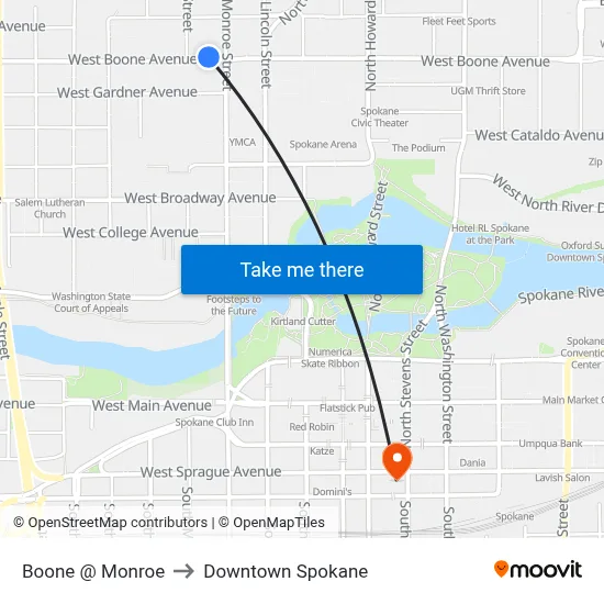Boone @ Monroe to Downtown Spokane map