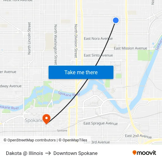 Dakota @ Illinois to Downtown Spokane map